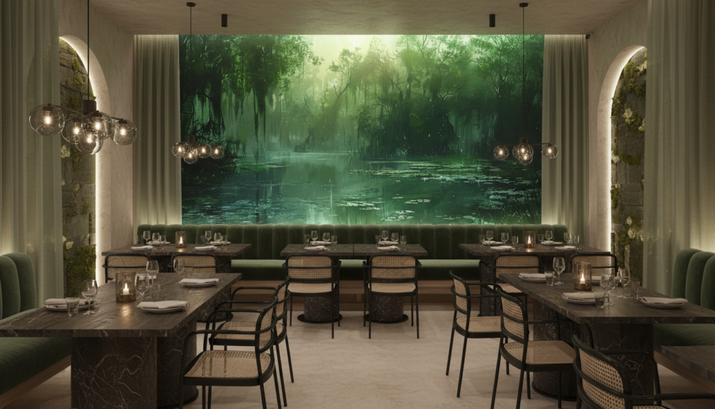 Paysage de Marais Mystérieux avec Reflets Verts et Atmosphère Brumeuse - Restaurant