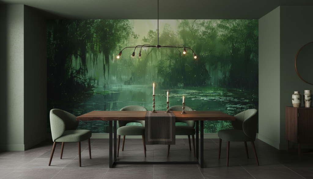 Paysage de Marais Mystérieux avec Reflets Verts et Atmosphère Brumeuse - Salle à manger