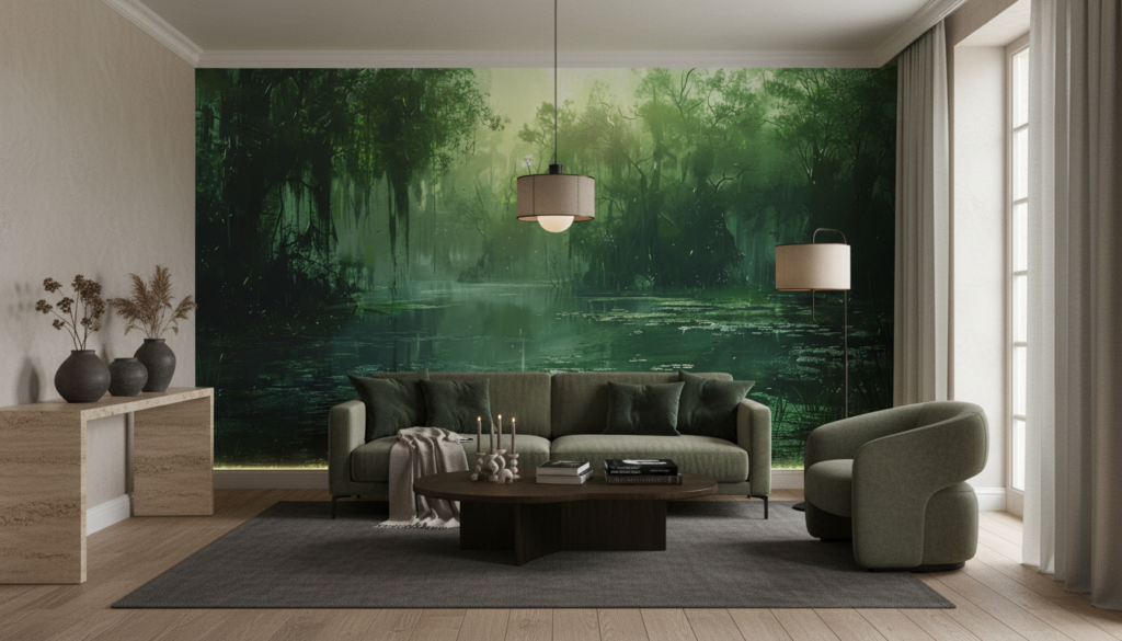 Paysage de Marais Mystérieux avec Reflets Verts et Atmosphère Brumeuse - Salon / Séjour