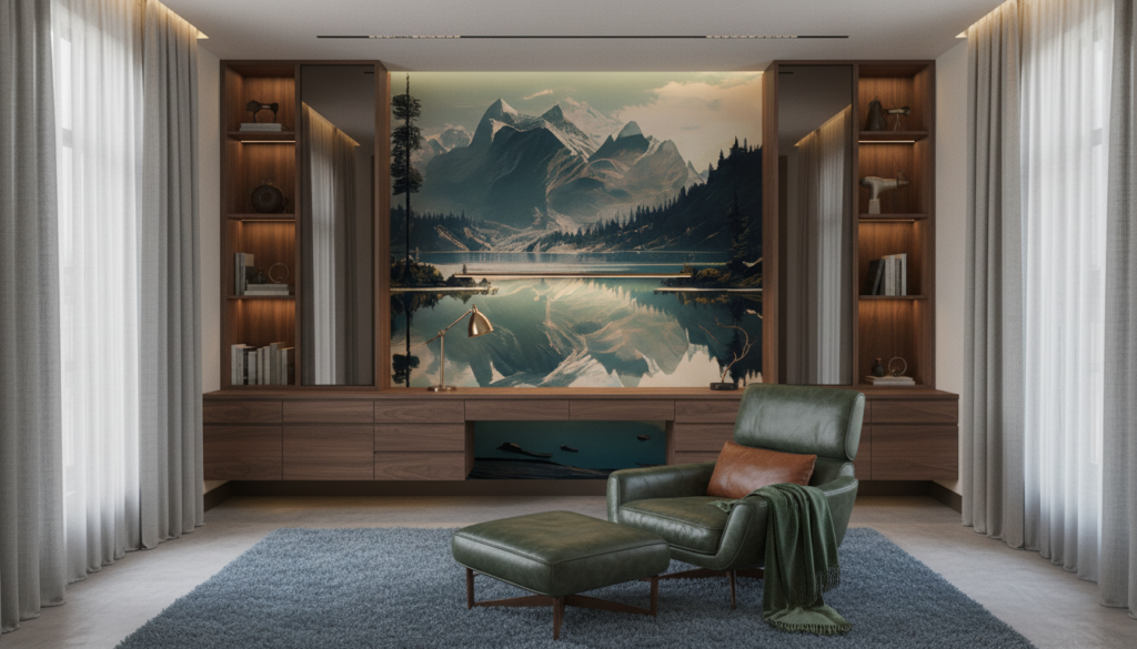 Paysage de Montagne avec Lac et Forêt de Conifères Reflets - Bureau