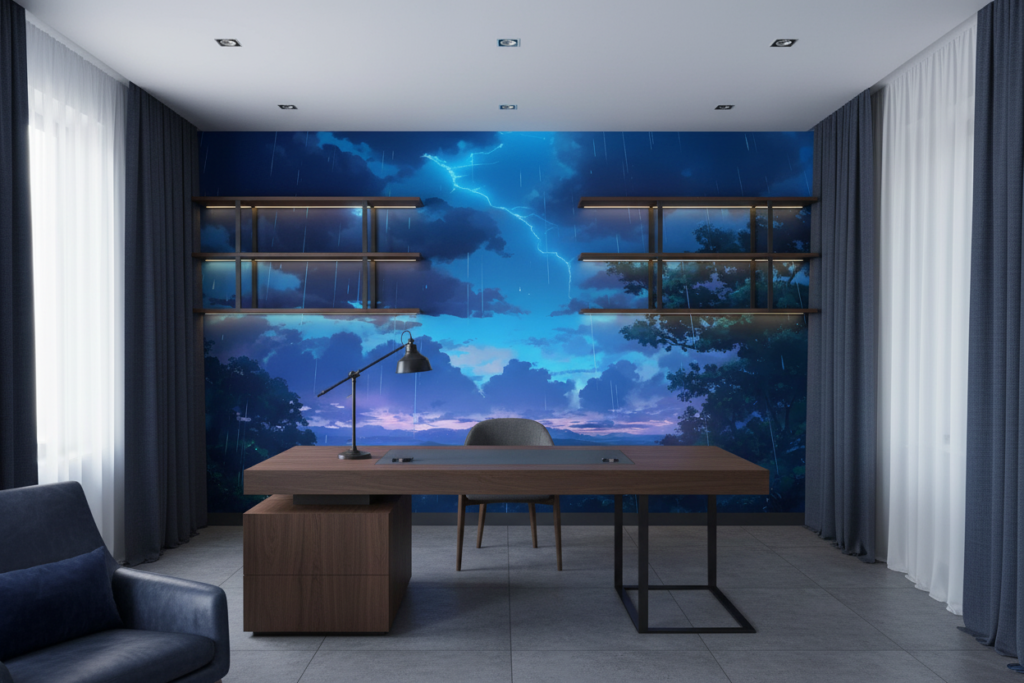 Paysage de montagne sous orage électrique et pluie bleue - Bureau