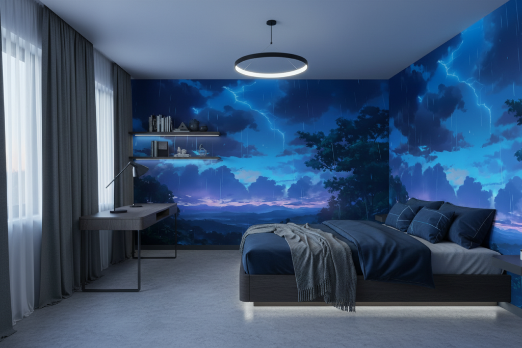 Paysage de montagne sous orage électrique et pluie bleue - Chambre ado