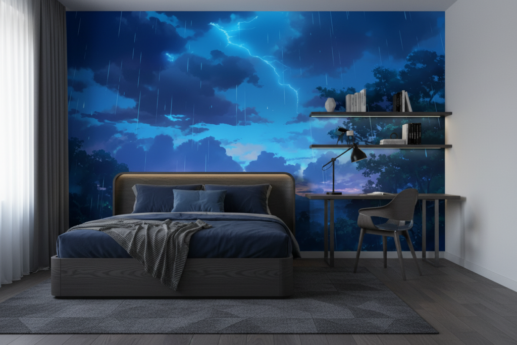 Paysage de montagne sous orage électrique et pluie bleue - Chambre ado