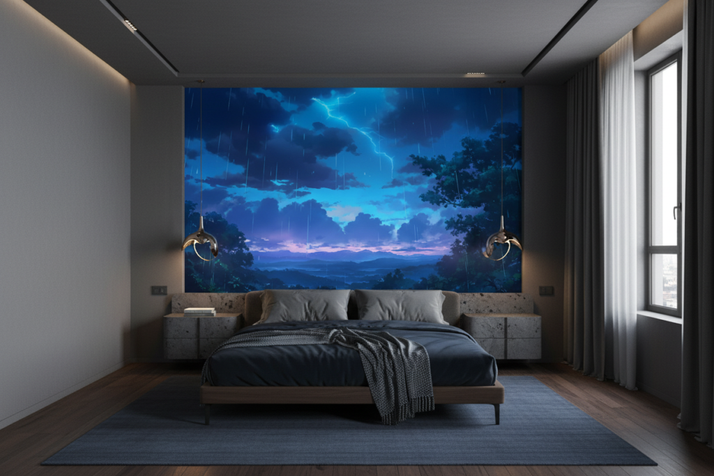 Paysage de montagne sous orage électrique et pluie bleue - Chambre adulte