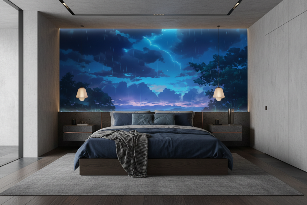 Paysage de montagne sous orage électrique et pluie bleue - Chambre adulte