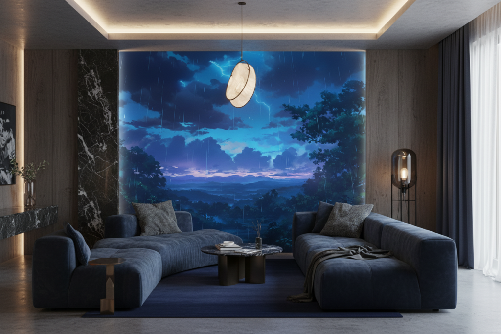 Paysage de montagne sous orage électrique et pluie bleue - Salon / Séjour