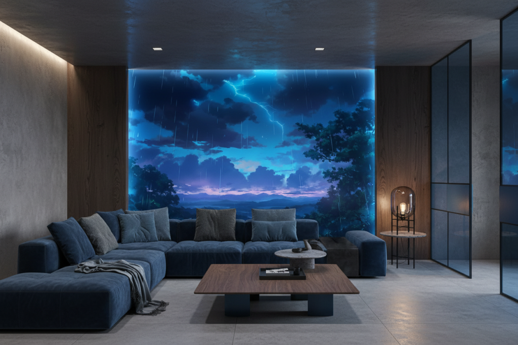 Paysage de montagne sous orage électrique et pluie bleue - Salon / Séjour