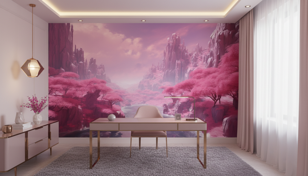 Paysage fantastique aux cerisiers roses et montagnes cristallines - Bureau