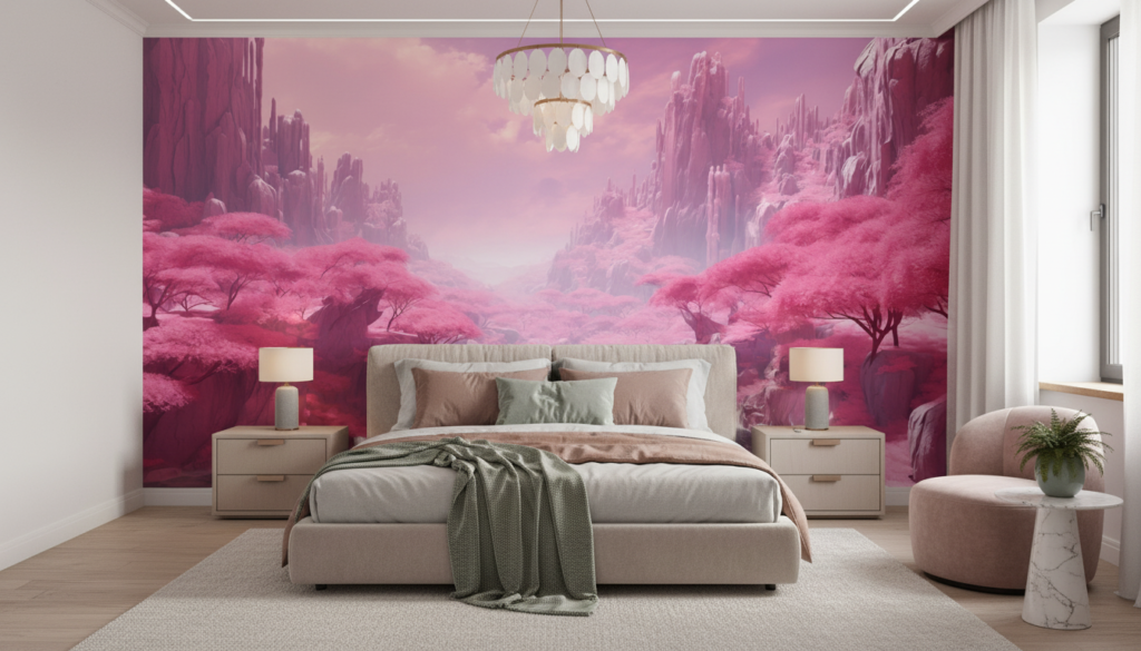 Paysage fantastique aux cerisiers roses et montagnes cristallines - Chambre adulte