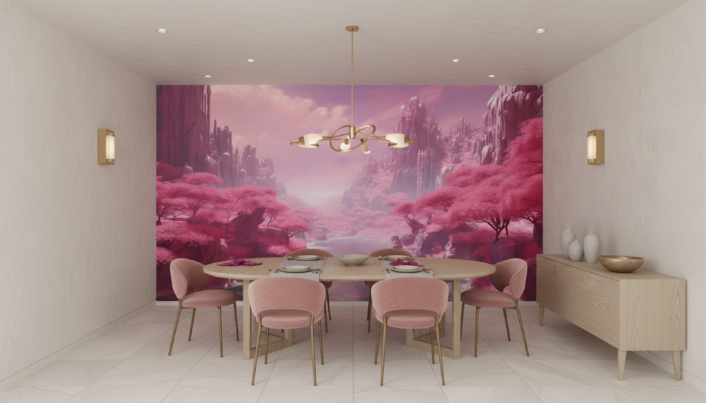 Paysage fantastique aux cerisiers roses et montagnes cristallines - Salle à manger