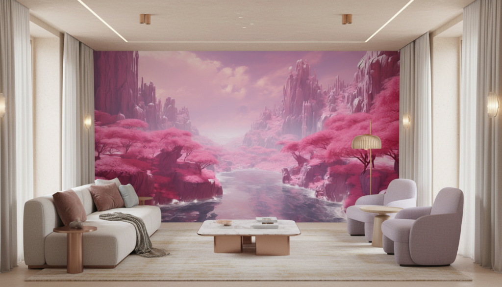 Paysage fantastique aux cerisiers roses et montagnes cristallines - Salon / Séjour