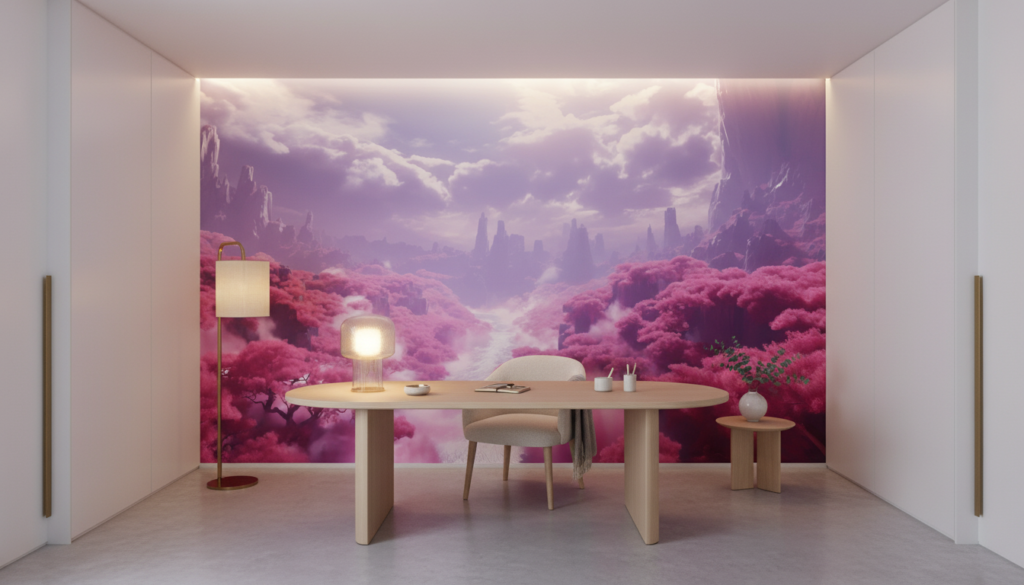 Paysage fantastique aux cerisiers roses et montagnes violettes brumeuses - Bureau