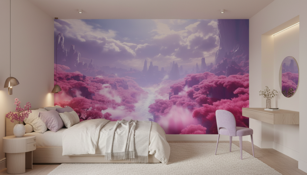 Paysage fantastique aux cerisiers roses et montagnes violettes brumeuses - Chambre ado
