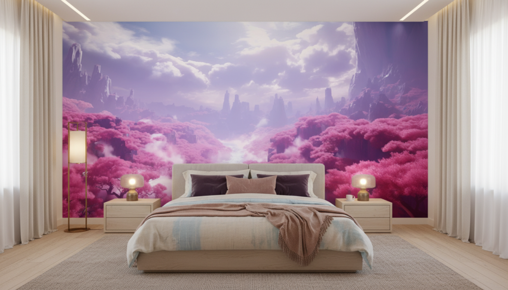 Paysage fantastique aux cerisiers roses et montagnes violettes brumeuses - Chambre adulte
