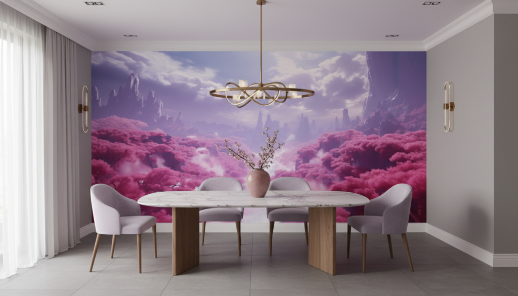 Paysage fantastique aux cerisiers roses et montagnes violettes brumeuses - Salle à manger