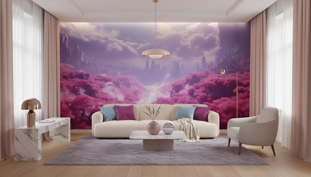 Paysage fantastique aux cerisiers roses et montagnes violettes brumeuses - Salon / Séjour