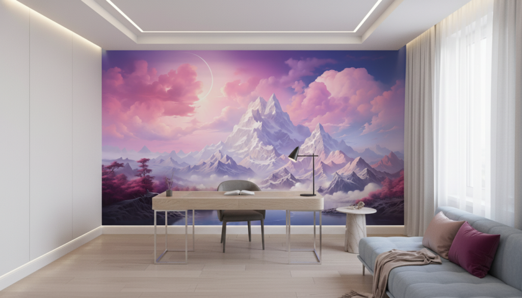 Paysage fantastique montagneux avec lac et ciel rose violet - Bureau