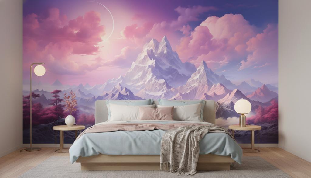 Paysage fantastique montagneux avec lac et ciel rose violet - Chambre adulte