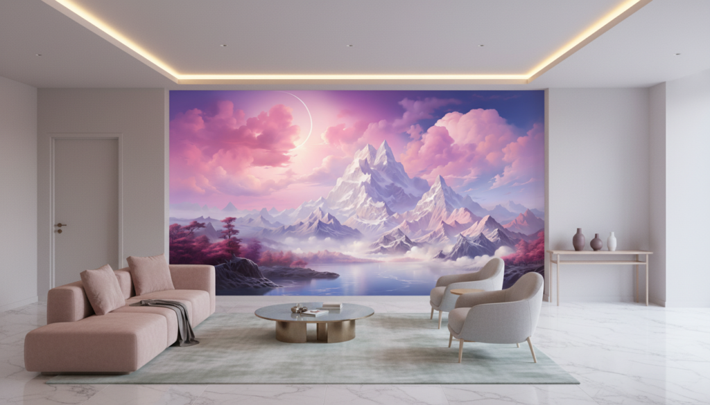 Paysage fantastique montagneux avec lac et ciel rose violet - Hôtel