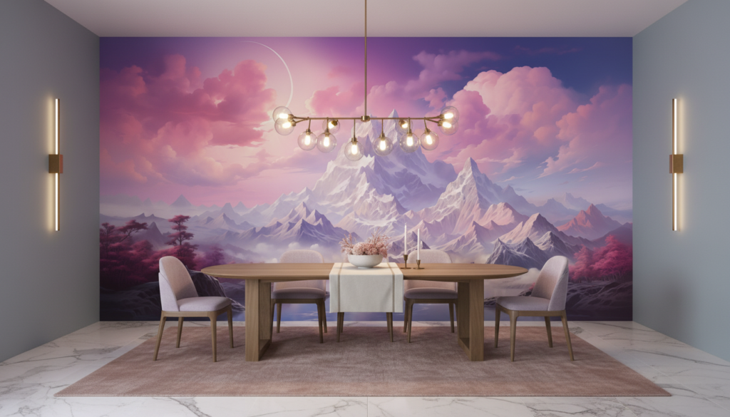 Paysage fantastique montagneux avec lac et ciel rose violet - Salle à manger