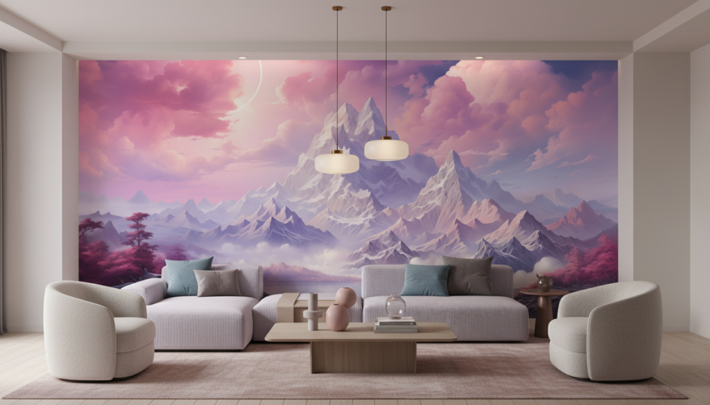 Paysage fantastique montagneux avec lac et ciel rose violet - Salon / Séjour