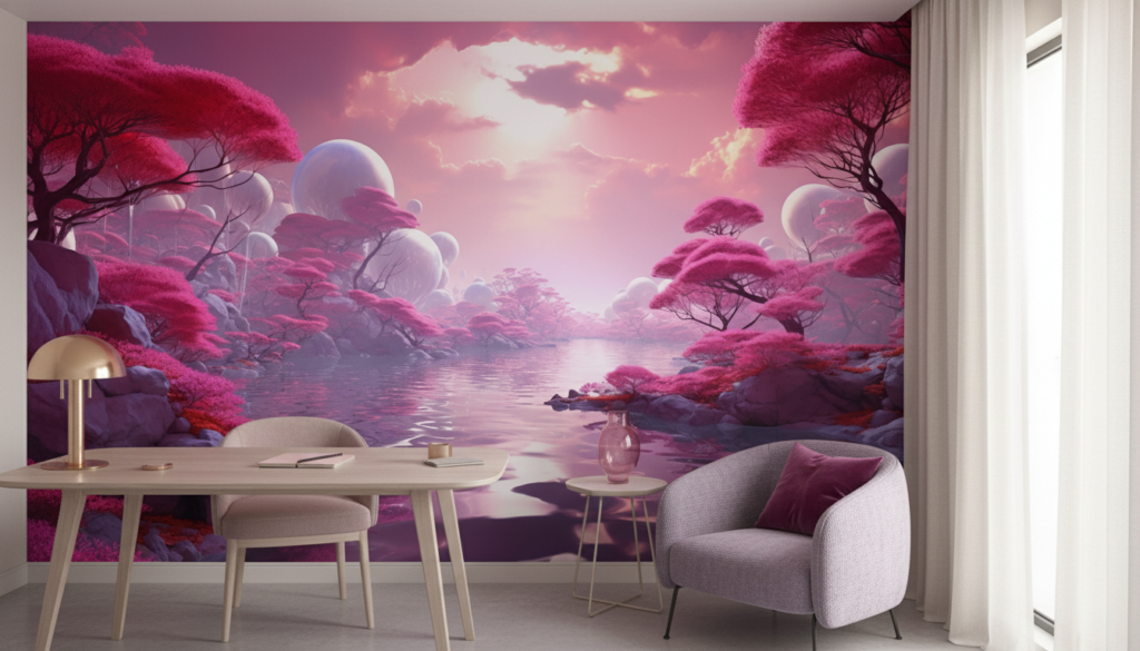 Paysage Fantastique Rose aux Arbres Flottants et Lac Mystique - Bureau