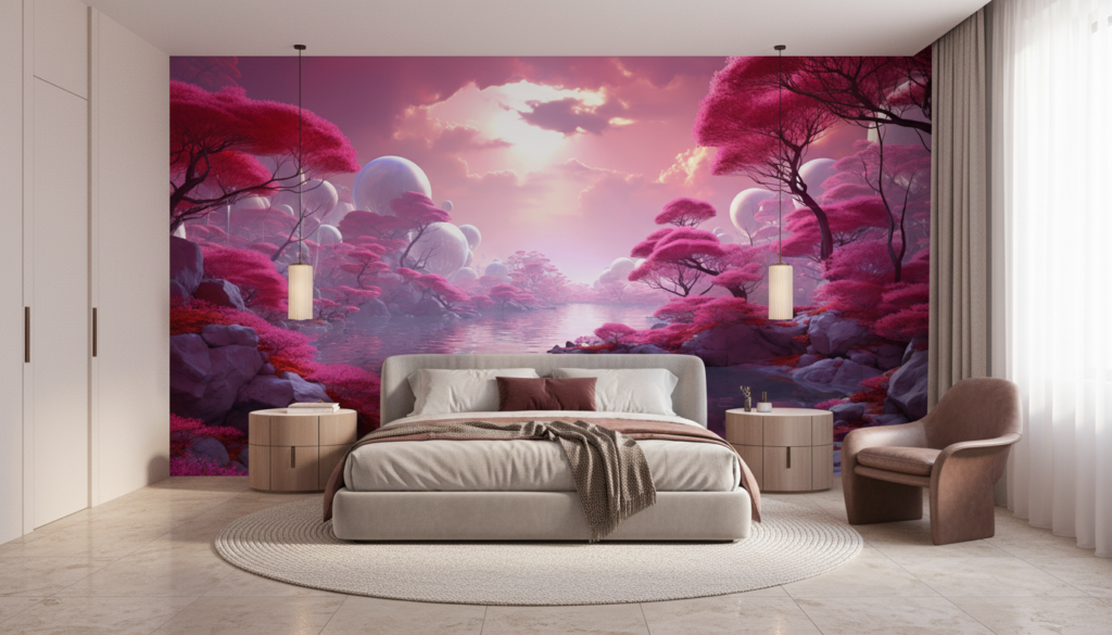 Paysage Fantastique Rose aux Arbres Flottants et Lac Mystique - Chambre adulte