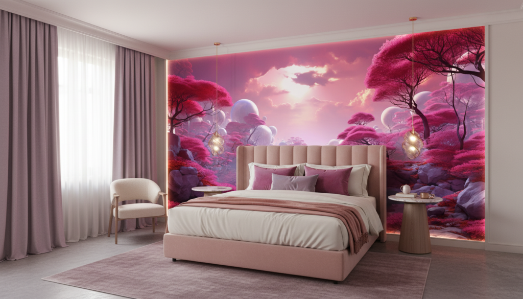 Paysage Fantastique Rose aux Arbres Flottants et Lac Mystique - Hôtel