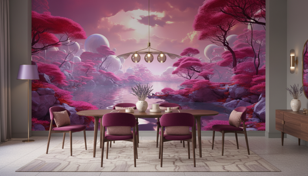 Paysage Fantastique Rose aux Arbres Flottants et Lac Mystique - Salle à manger