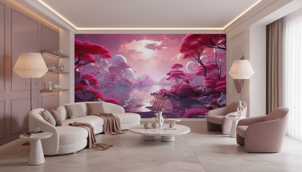 Paysage Fantastique Rose aux Arbres Flottants et Lac Mystique - Salon / Séjour