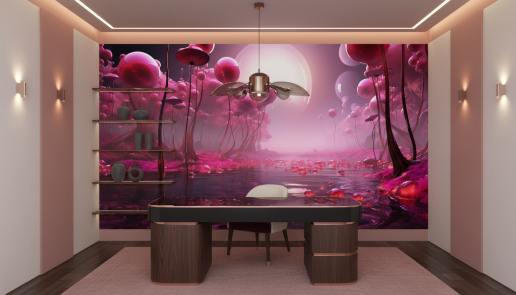 Paysage fantastique rose avec formes organiques flottantes et reflets aquatiques - Bureau