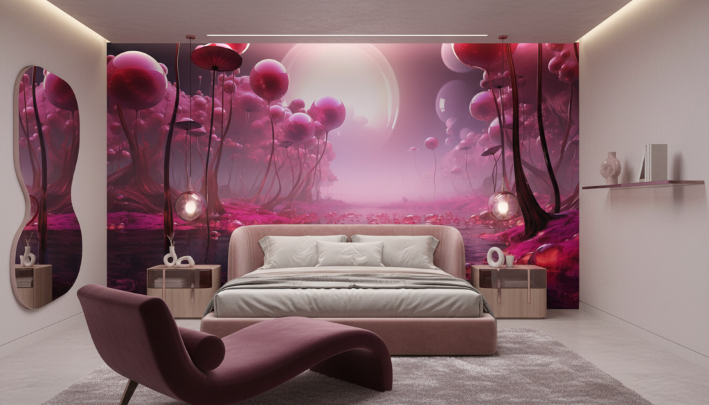Paysage fantastique rose avec formes organiques flottantes et reflets aquatiques - Chambre adulte