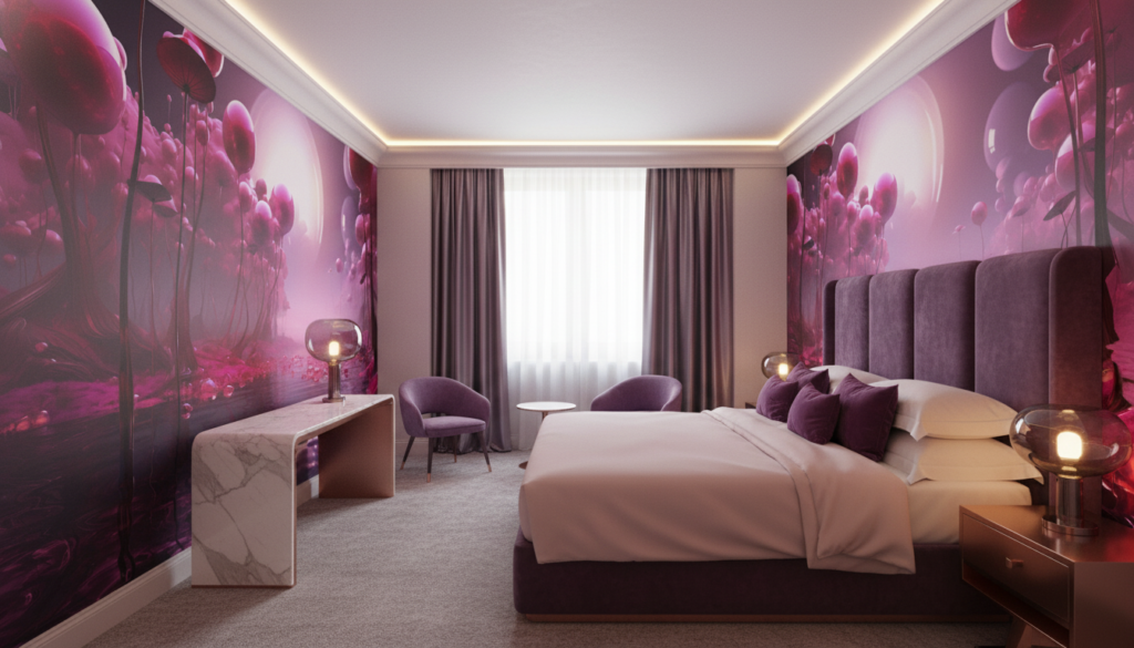 Paysage fantastique rose avec formes organiques flottantes et reflets aquatiques - Hôtel