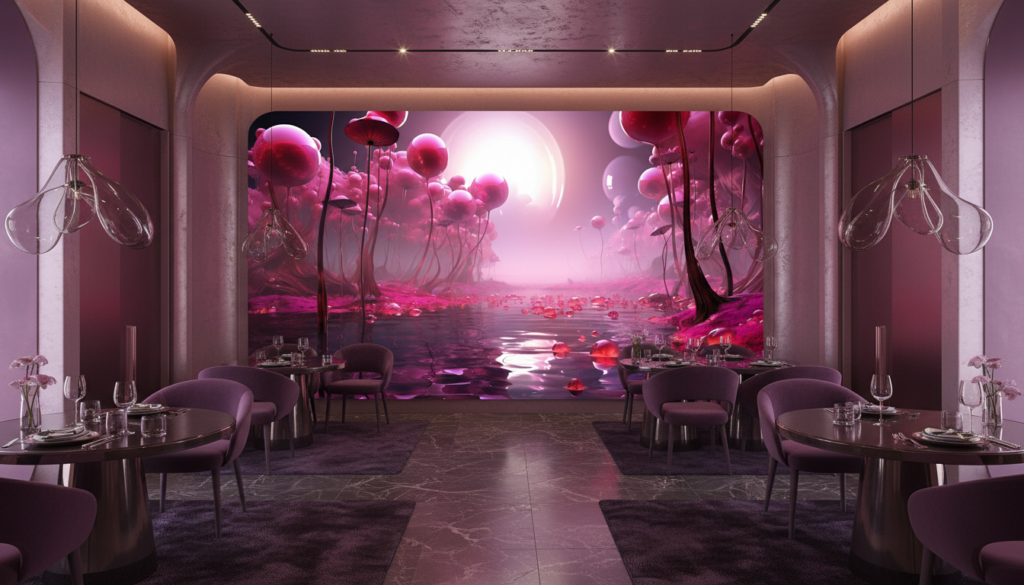 Paysage fantastique rose avec formes organiques flottantes et reflets aquatiques - Restaurant