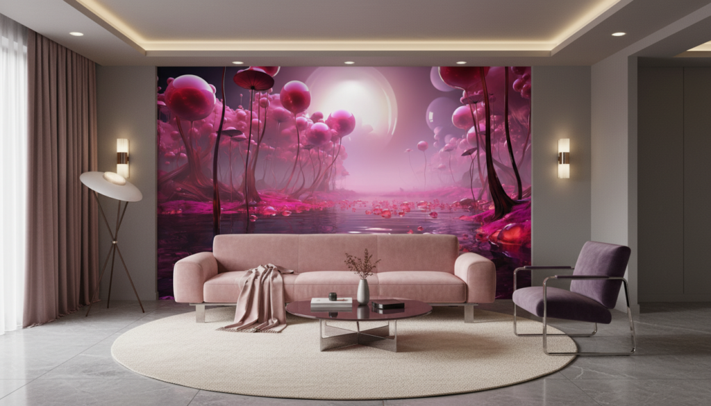 Paysage fantastique rose avec formes organiques flottantes et reflets aquatiques - Salon / Séjour