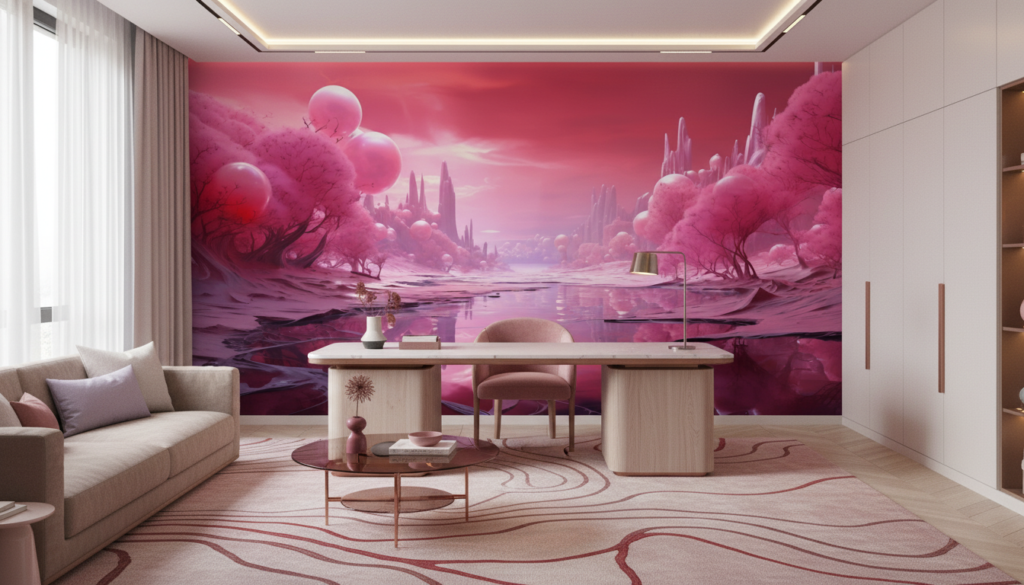 Paysage Fantastique Rose Cristallin aux Reflets Aquatiques Surréalistes - Bureau