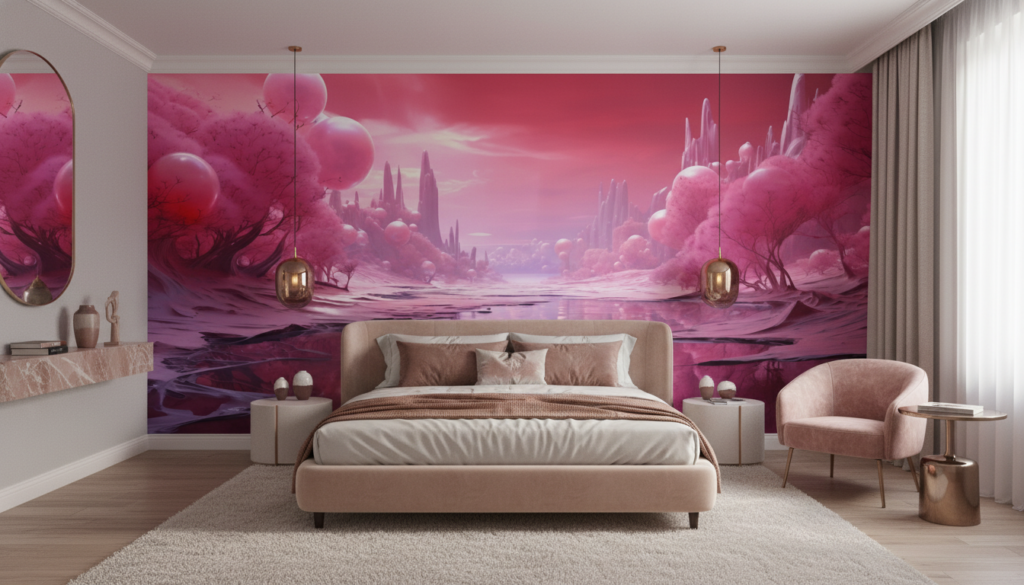 Paysage Fantastique Rose Cristallin aux Reflets Aquatiques Surréalistes - Chambre adulte