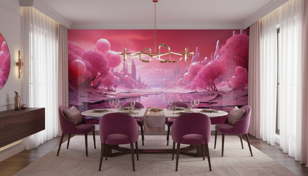 Paysage Fantastique Rose Cristallin aux Reflets Aquatiques Surréalistes - Salle à manger