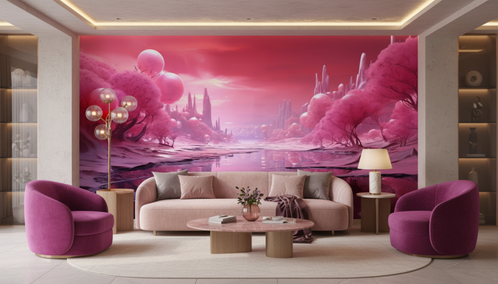 Paysage Fantastique Rose Cristallin aux Reflets Aquatiques Surréalistes - Salon / Séjour