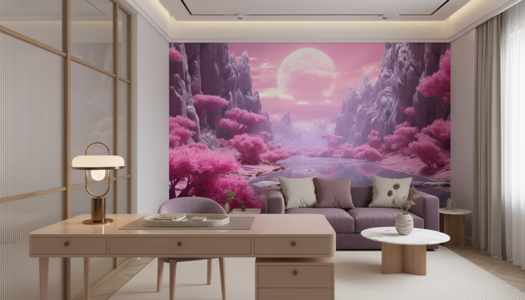 Paysage fantastique rose et violet avec lune et végétation mystique - Bureau