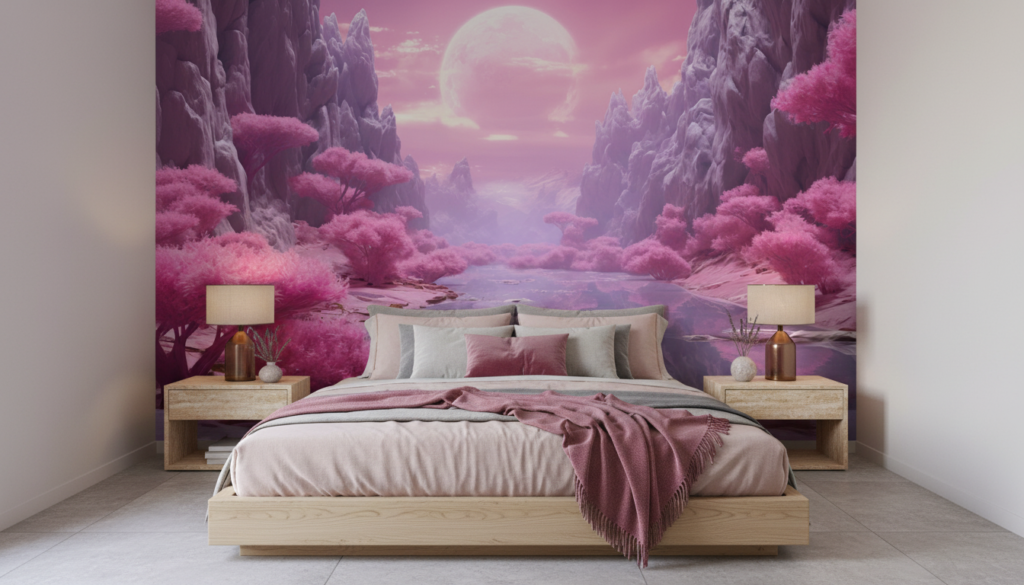 Paysage fantastique rose et violet avec lune et végétation mystique - Chambre adulte