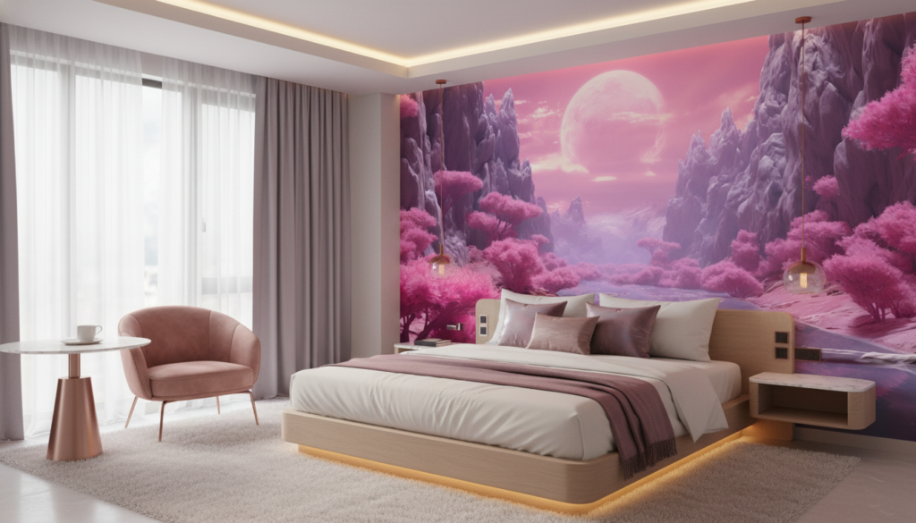 Paysage fantastique rose et violet avec lune et végétation mystique - Hôtel