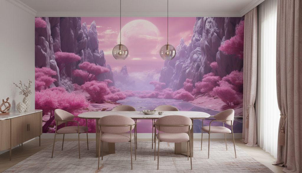 Paysage fantastique rose et violet avec lune et végétation mystique - Salle à manger