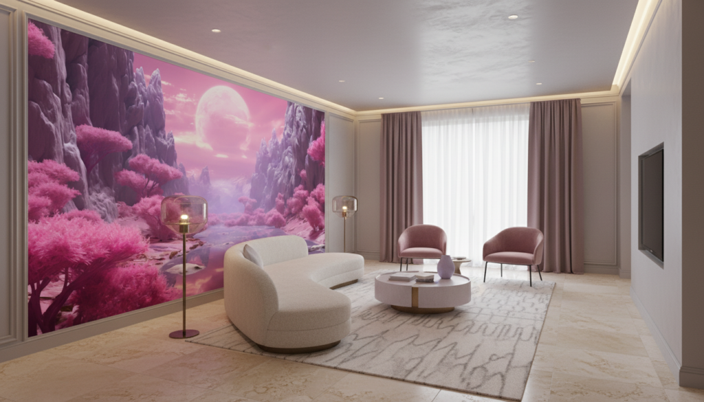 Paysage fantastique rose et violet avec lune et végétation mystique - Salon / Séjour