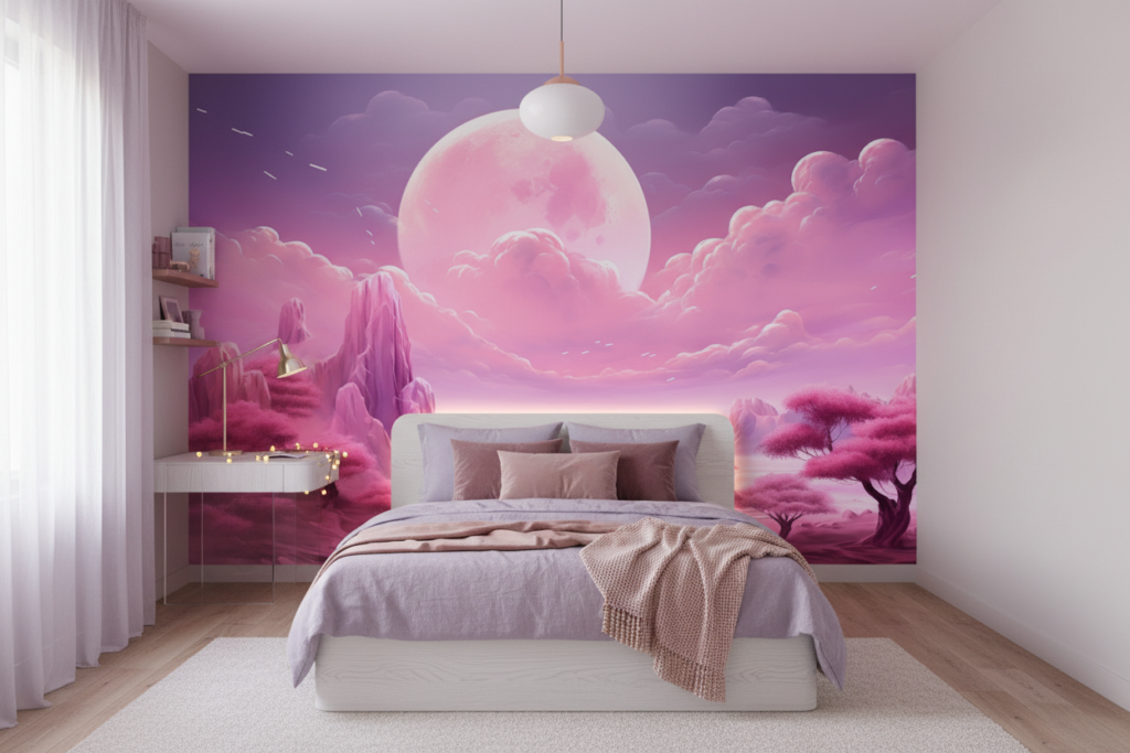 Paysage Fantastique Rose et Violet avec Lune Géante et Montagnes - Chambre ado