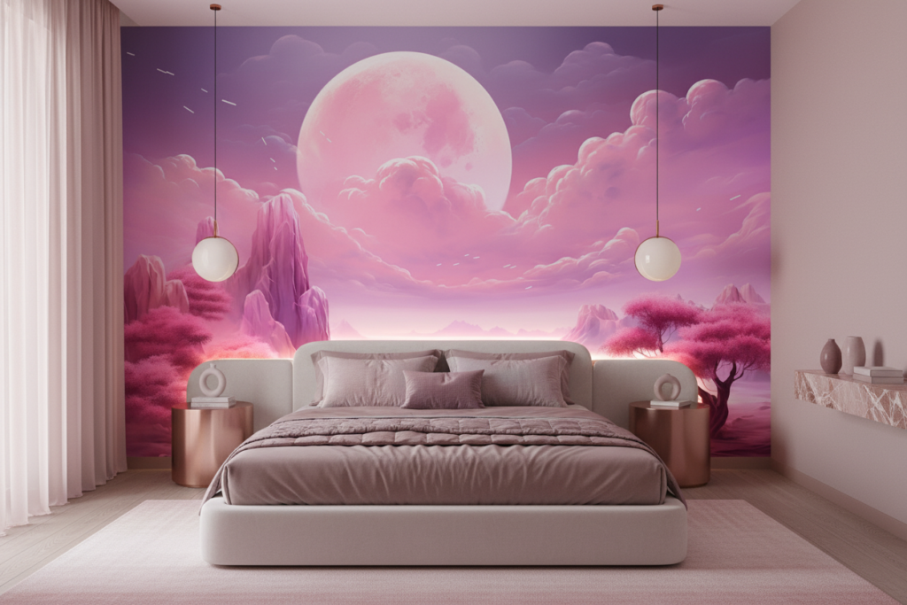 Paysage Fantastique Rose et Violet avec Lune Géante et Montagnes - Chambre adulte
