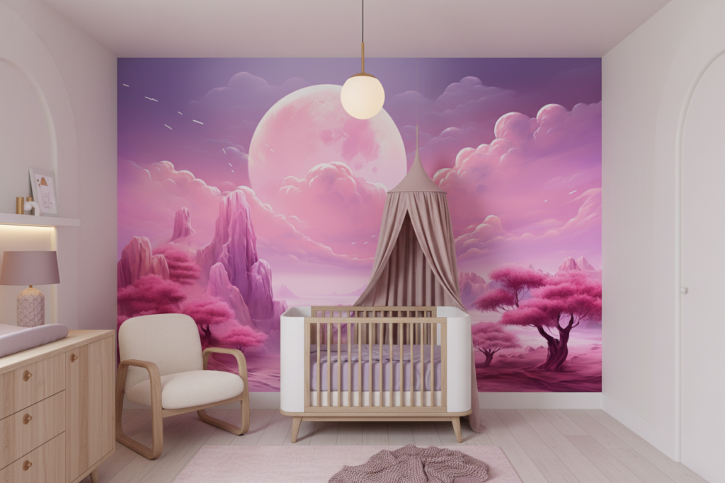 Paysage Fantastique Rose et Violet avec Lune Géante et Montagnes - Chambre bébé
