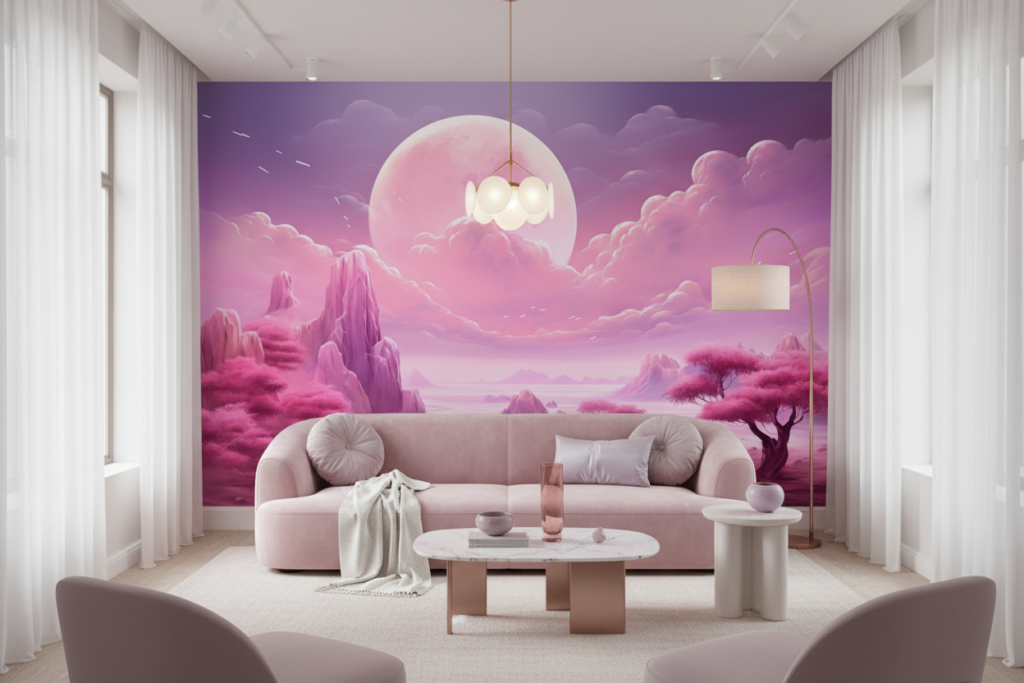 Paysage Fantastique Rose et Violet avec Lune Géante et Montagnes - Salon / Séjour