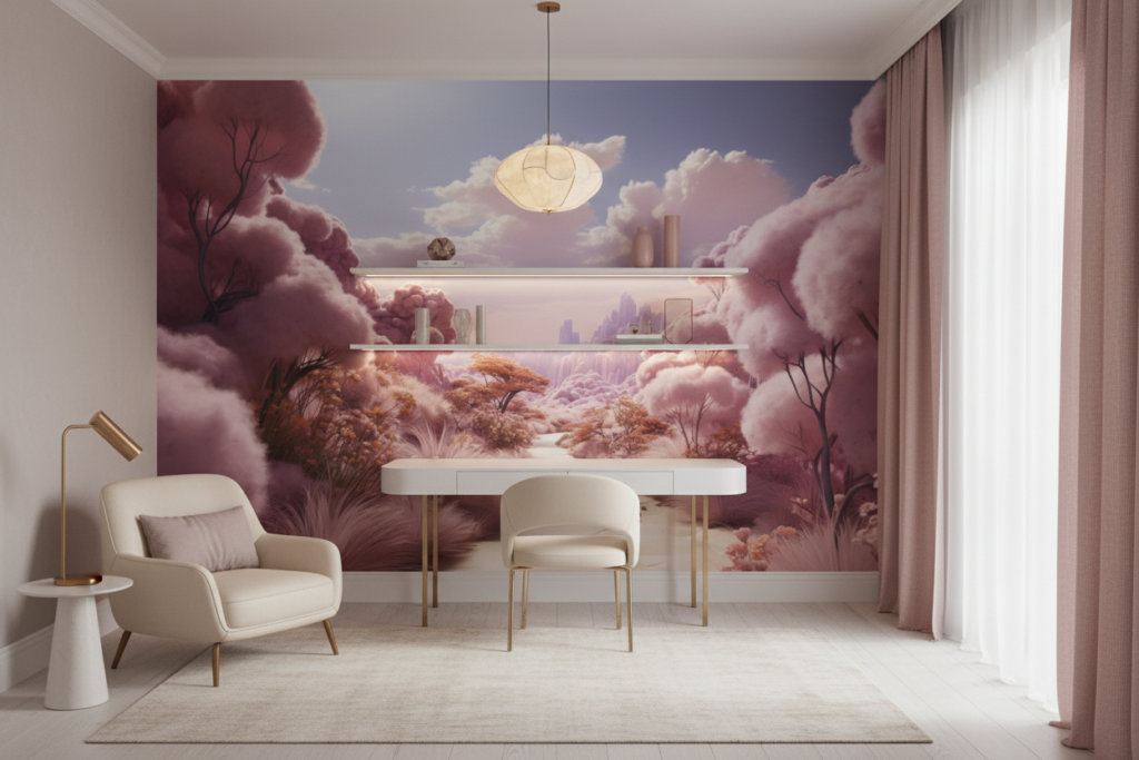 Paysage Fantastique Rose Nuageux aux Tons Pastel Doux - Bureau