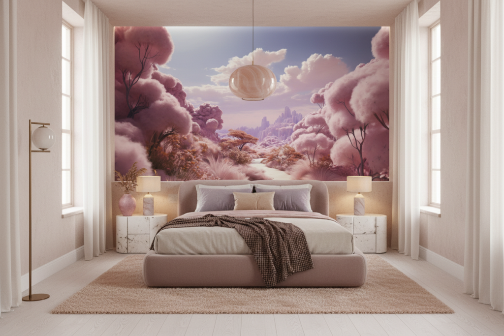 Paysage Fantastique Rose Nuageux aux Tons Pastel Doux - Chambre adulte